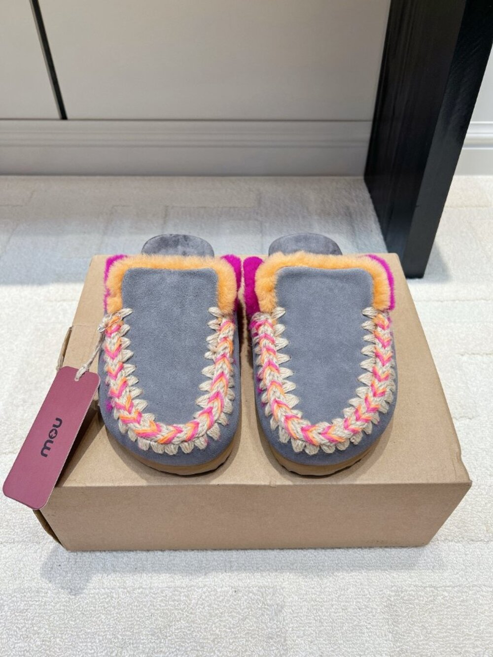 MOU Grey-Blue Color-Block Woven Wool Mules